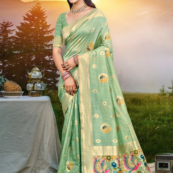 Sangam Prints Sea Green Heavy Assam Silk Saree With Meena Woven Work Traditional Saree - Distacart
