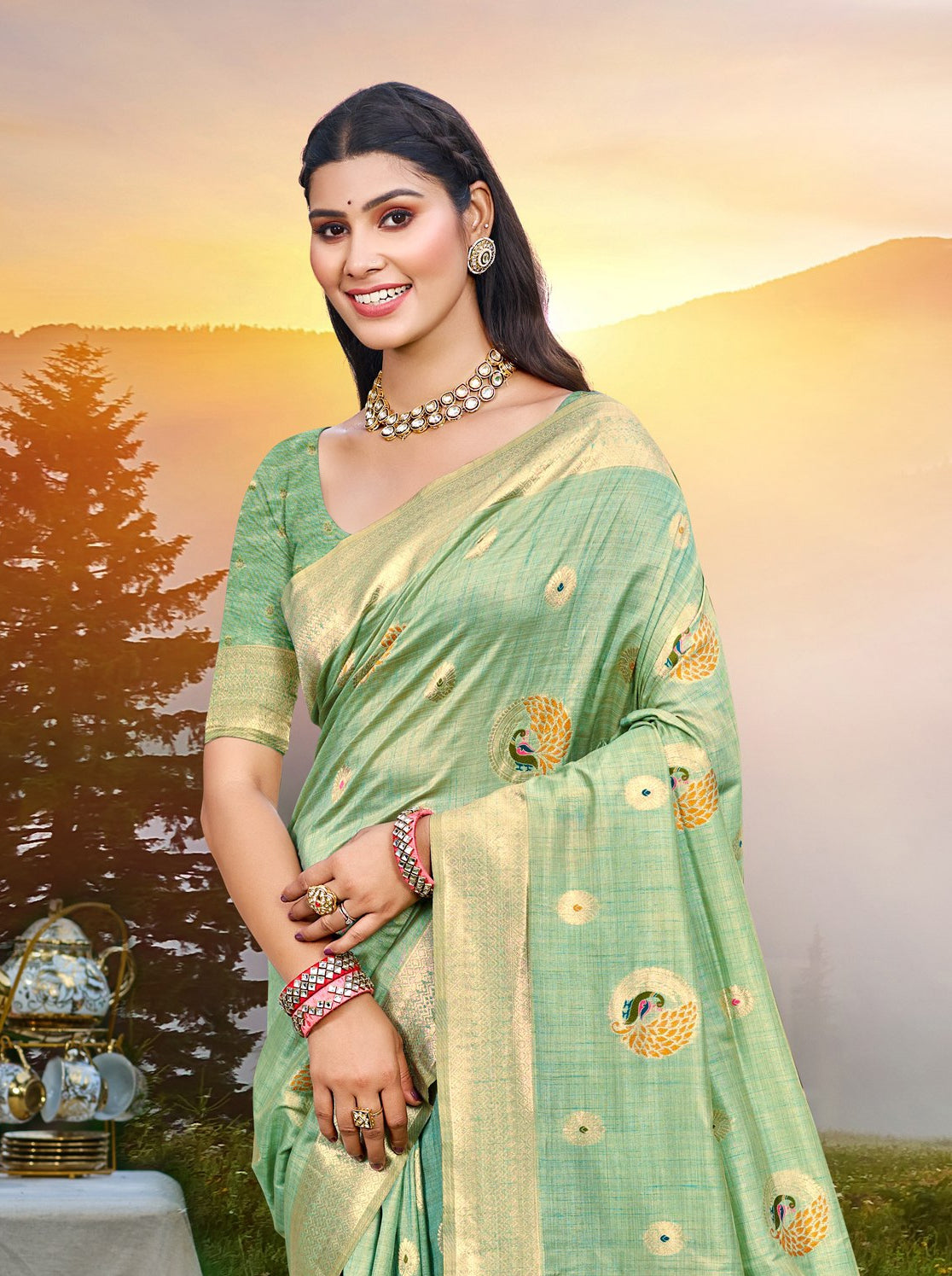 Sangam Prints Sea Green Heavy Assam Silk Saree With Meena Woven Work Traditional Saree