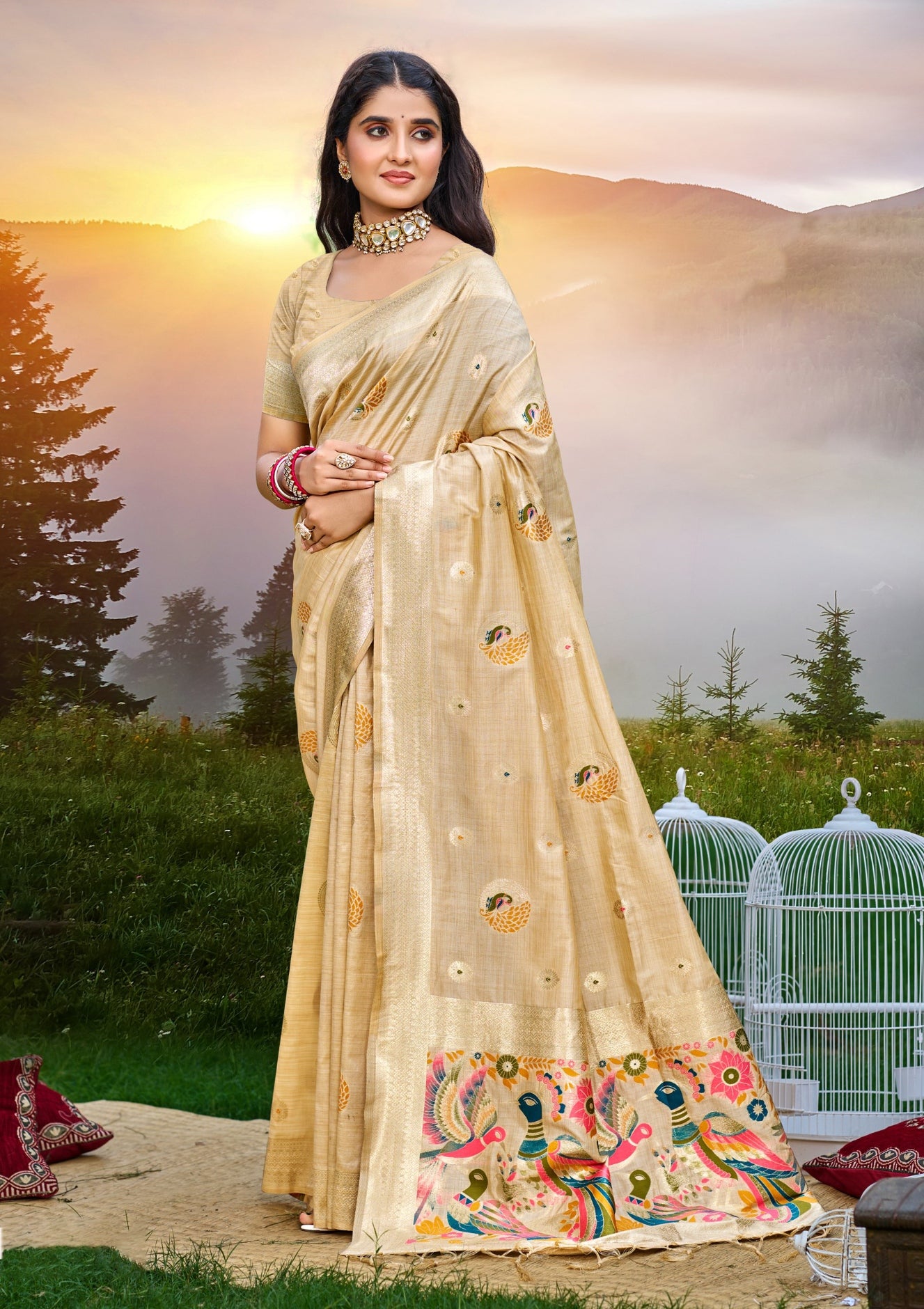 Sangam Prints Cream Heavy Assam Silk Saree With Meena Woven Work Traditional Saree