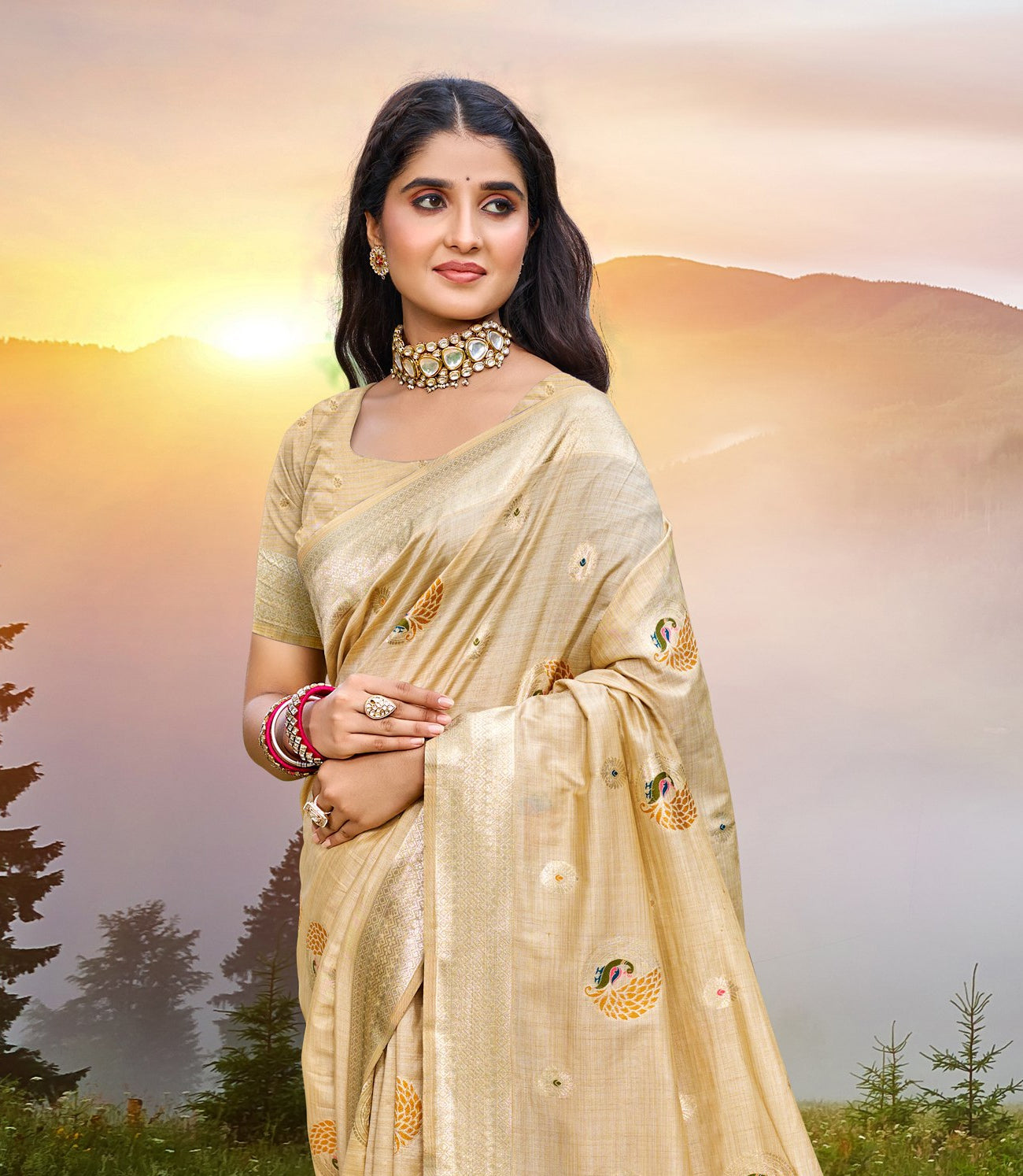 Sangam Prints Cream Heavy Assam Silk Saree With Meena Woven Work Traditional Saree