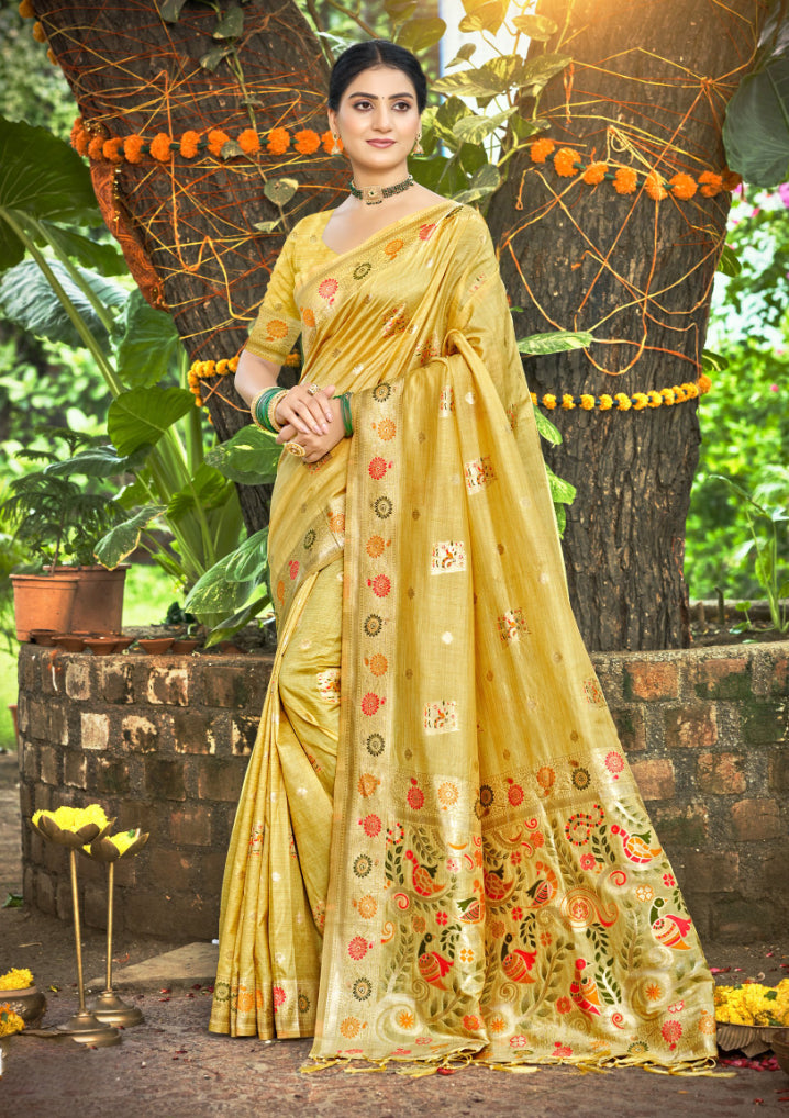 Sangam Prints Yellow Heavy Assam Silk Saree With Meena Woven Work Traditional Saree