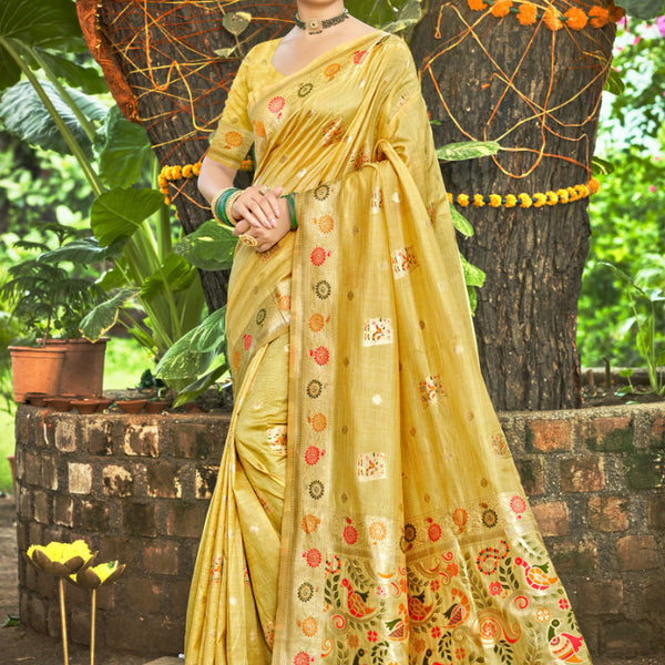Sangam Prints Yellow Heavy Assam Silk Saree With Meena Woven Work Traditional Saree - Distacart