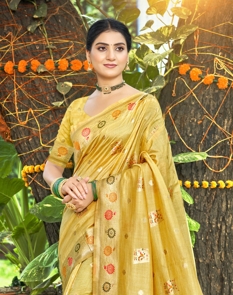 Sangam Prints Yellow Heavy Assam Silk Saree With Meena Woven Work Traditional Saree
