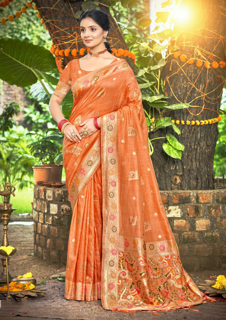 Sangam Prints Orange Heavy Assam Silk Saree With Meena Woven Work Traditional Saree