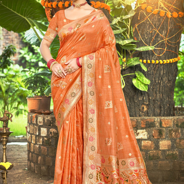 Sangam Prints Orange Heavy Assam Silk Saree With Meena Woven Work Traditional Saree - Distacart