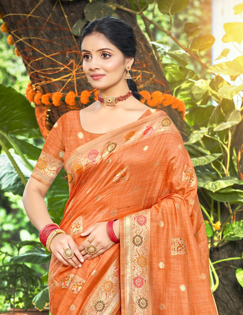 Sangam Prints Orange Heavy Assam Silk Saree With Meena Woven Work Traditional Saree