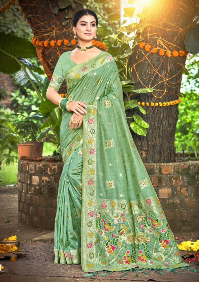 Sangam Prints Sea Green Heavy Assam Silk Saree With Meena Woven Work Traditional Saree
