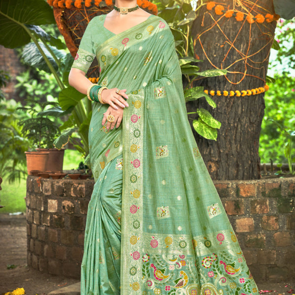 Sangam Prints Sea Green Heavy Assam Silk Saree With Meena Woven Work Traditional Saree - Distacart