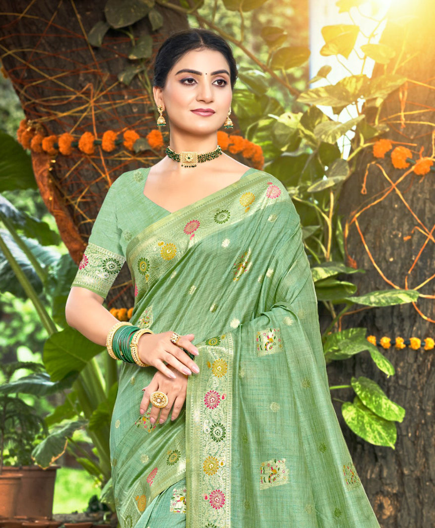 Sangam Prints Sea Green Heavy Assam Silk Saree With Meena Woven Work Traditional Saree