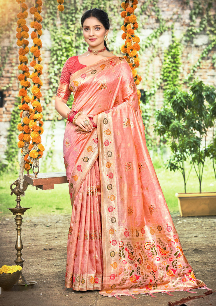 Sangam Prints Peach Heavy Assam Silk Saree With Meena Woven Work Traditional Saree