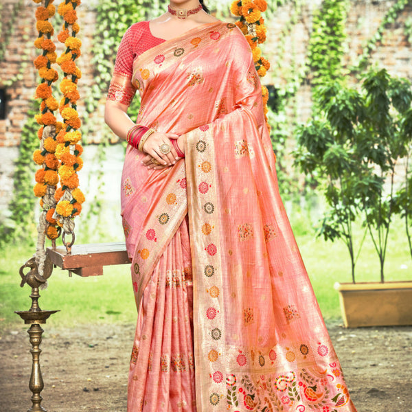 Sangam Prints Peach Heavy Assam Silk Saree With Meena Woven Work Traditional Saree - Distacart