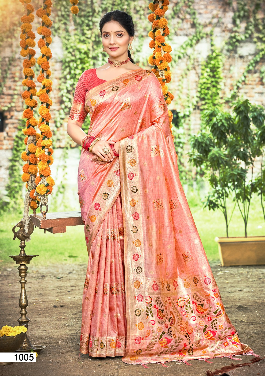 Prazu Fashion Peach Assam Silk Weaving Wedding Wear Saree