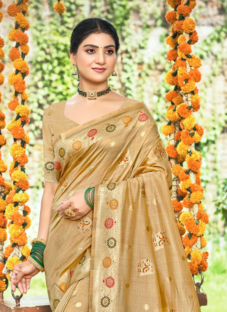 Sangam Prints Chiku Havy Assam Silk Saree With Meena Woven Work Traditional Saree