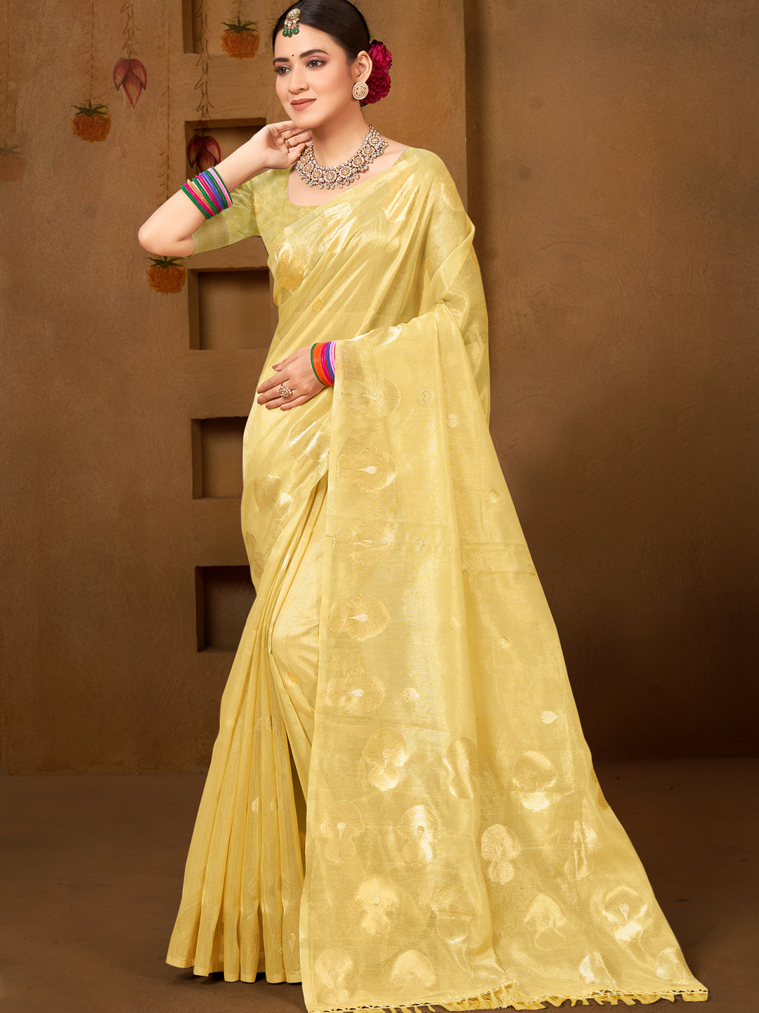 Sangam Prints Yellow Munga Kota Woven Work Traditional Saree