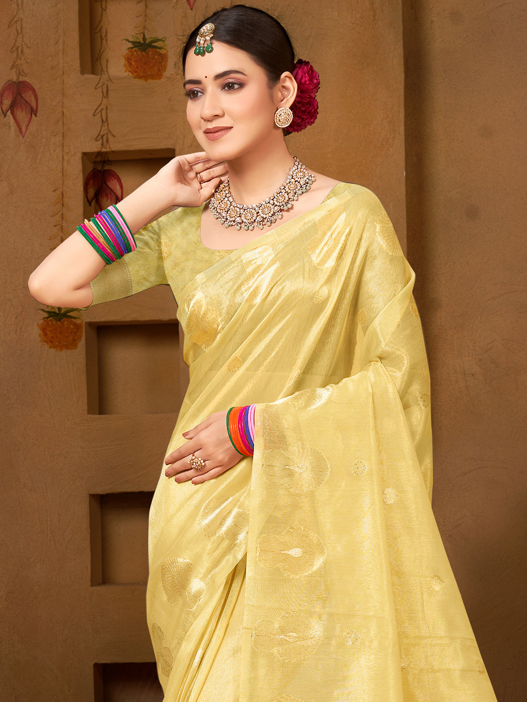 Sangam Prints Yellow Munga Kota Woven Work Traditional Saree