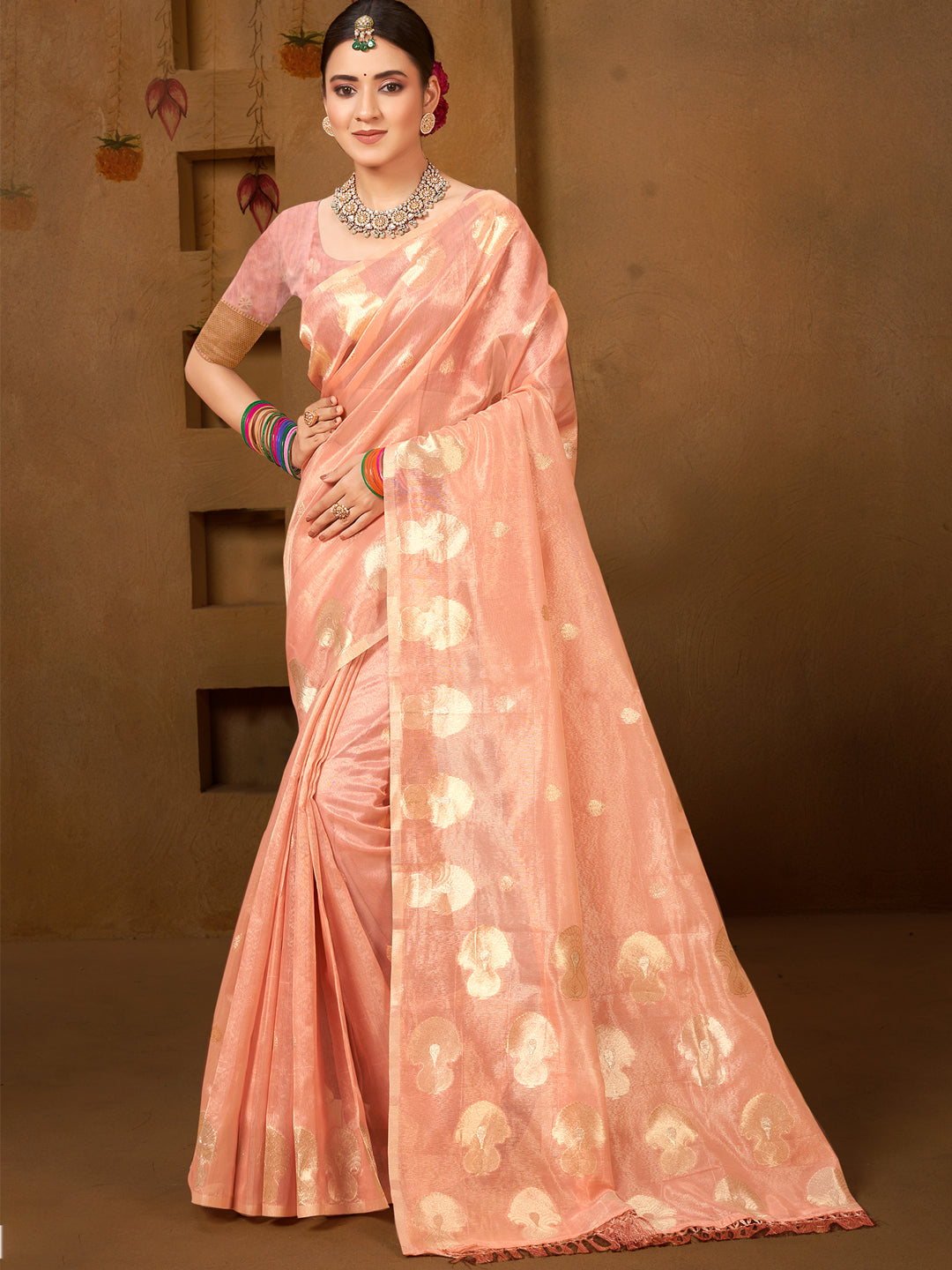 Sangam Prints Peach Munga Kota Woven Work Traditional Saree