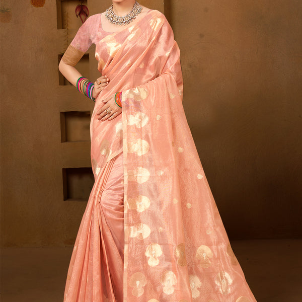 Sangam Prints Peach Munga Kota Woven Work Traditional Saree