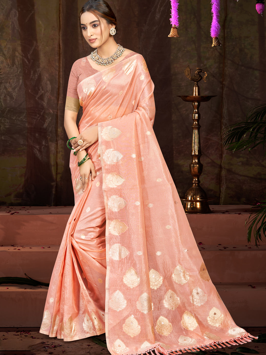 Sangam Prints Peach Munga Kota Woven Work Traditional Saree