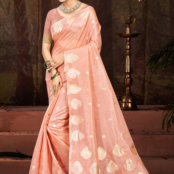 Sangam Prints Peach Munga Kota Woven Work Traditional Saree