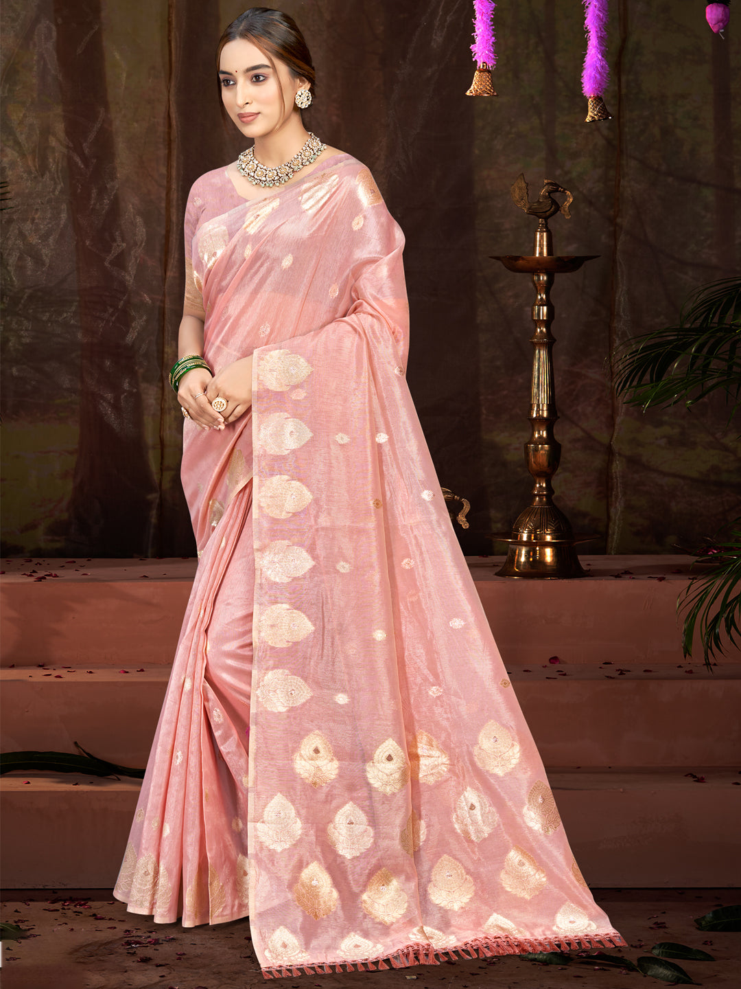 Sangam Prints Pink Munga Kota Woven Work Traditional Saree