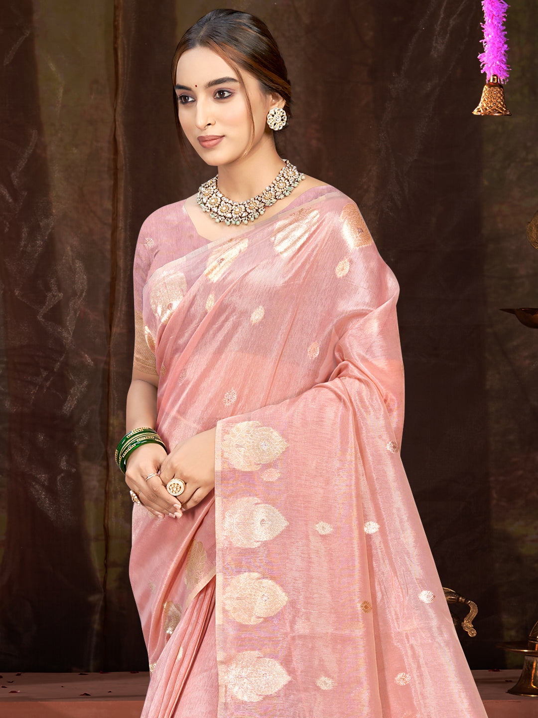Sangam Prints Pink Munga Kota Woven Work Traditional Saree