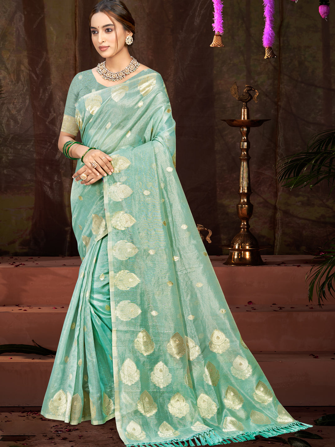 Sangam Prints Sea Green Munga Kota Woven Work Traditional Saree