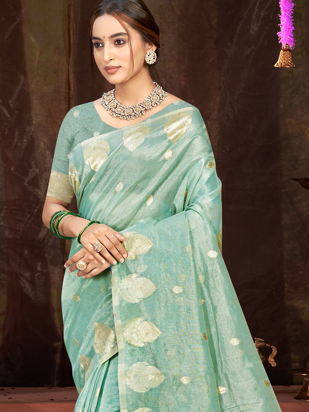 Sangam Prints Sea Green Munga Kota Woven Work Traditional Saree