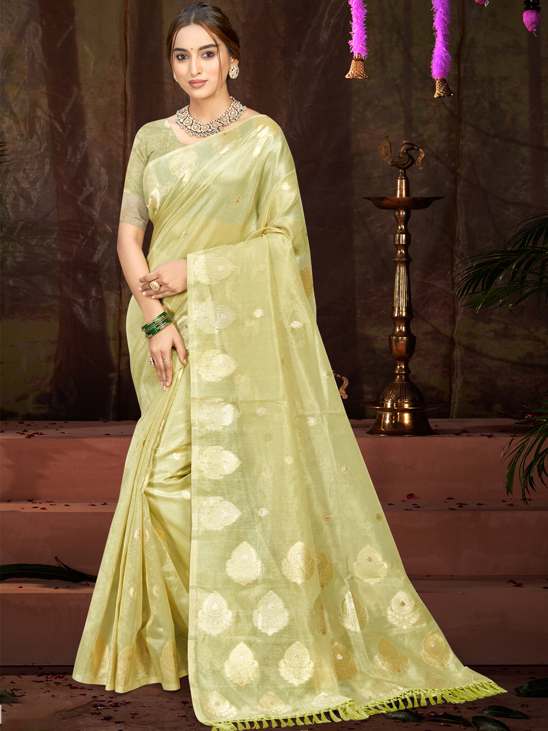 Sangam Prints Olive Green Munga Kota Woven Work Traditional Saree