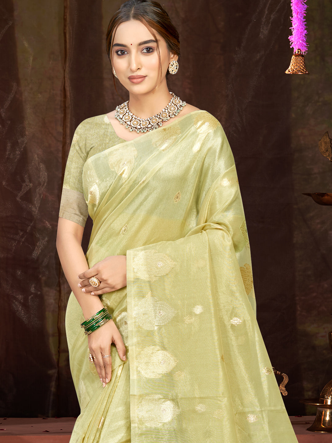 Sangam Prints Olive Green Munga Kota Woven Work Traditional Saree