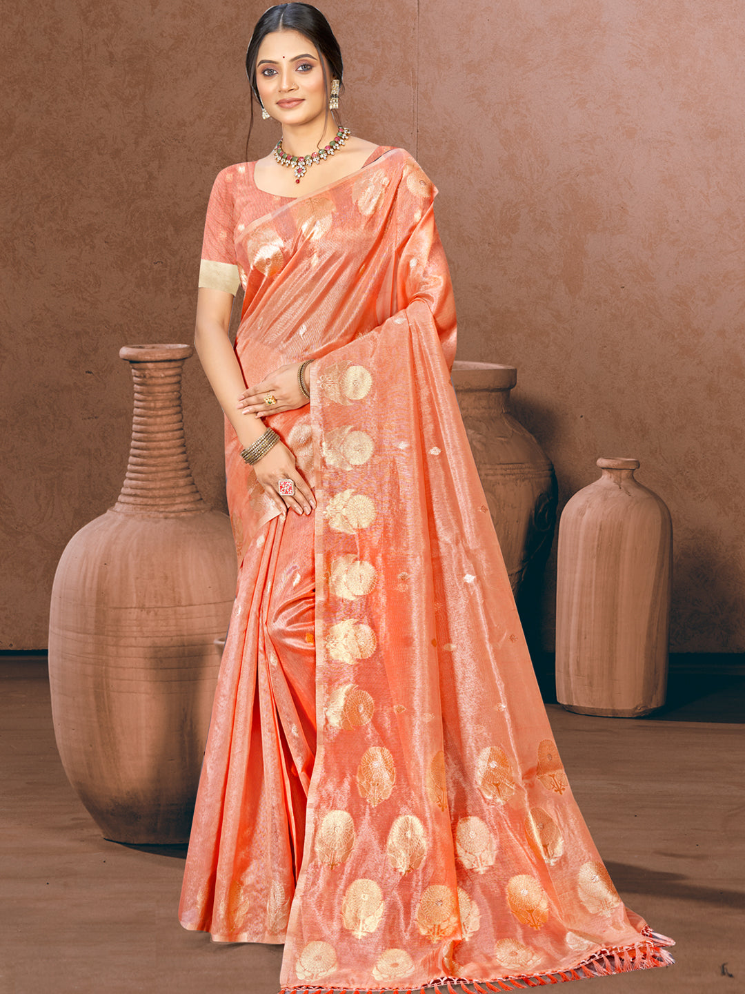 Sangam Prints Peach Munga Kota Woven Work Traditional Saree