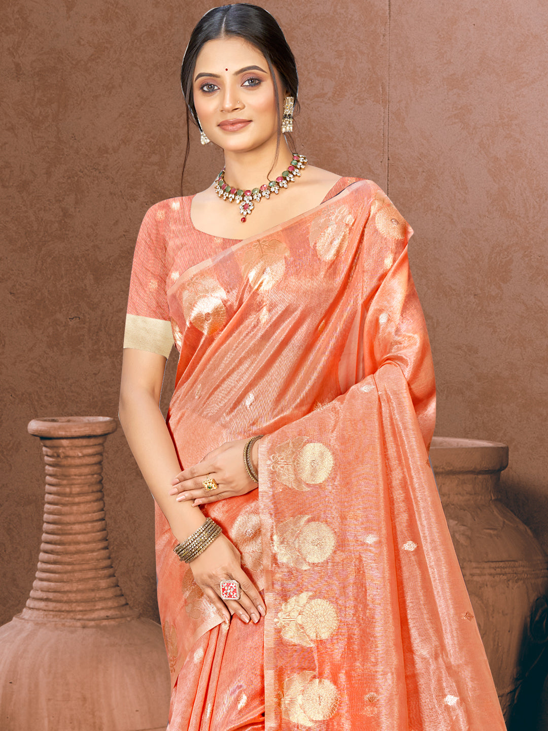 Sangam Prints Peach Munga Kota Woven Work Traditional Saree