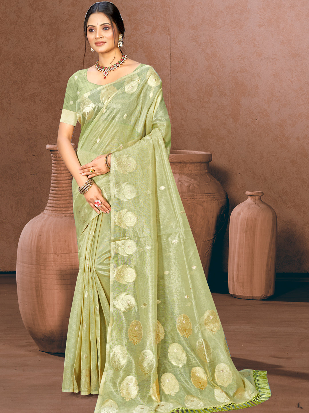 Sangam Prints Green Munga Kota Woven Work Traditional Saree