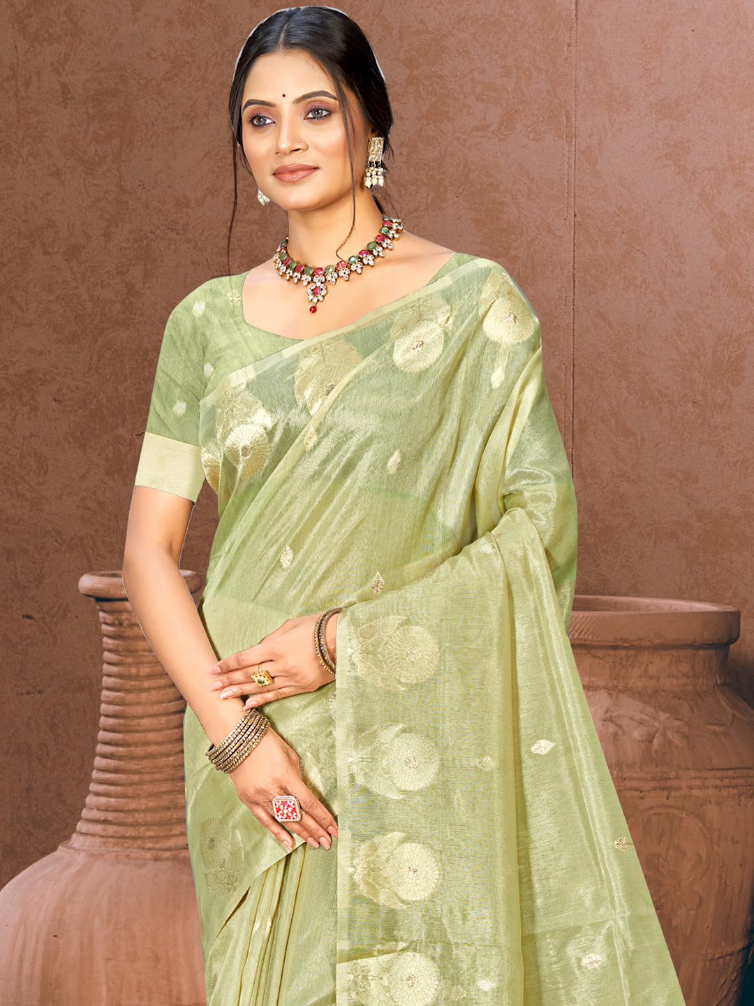Sangam Prints Green Munga Kota Woven Work Traditional Saree