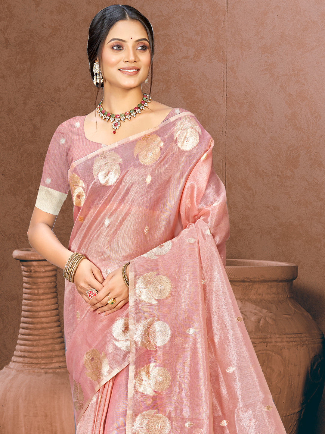 Sangam Prints Pink Munga Kota Woven Work Traditional Saree