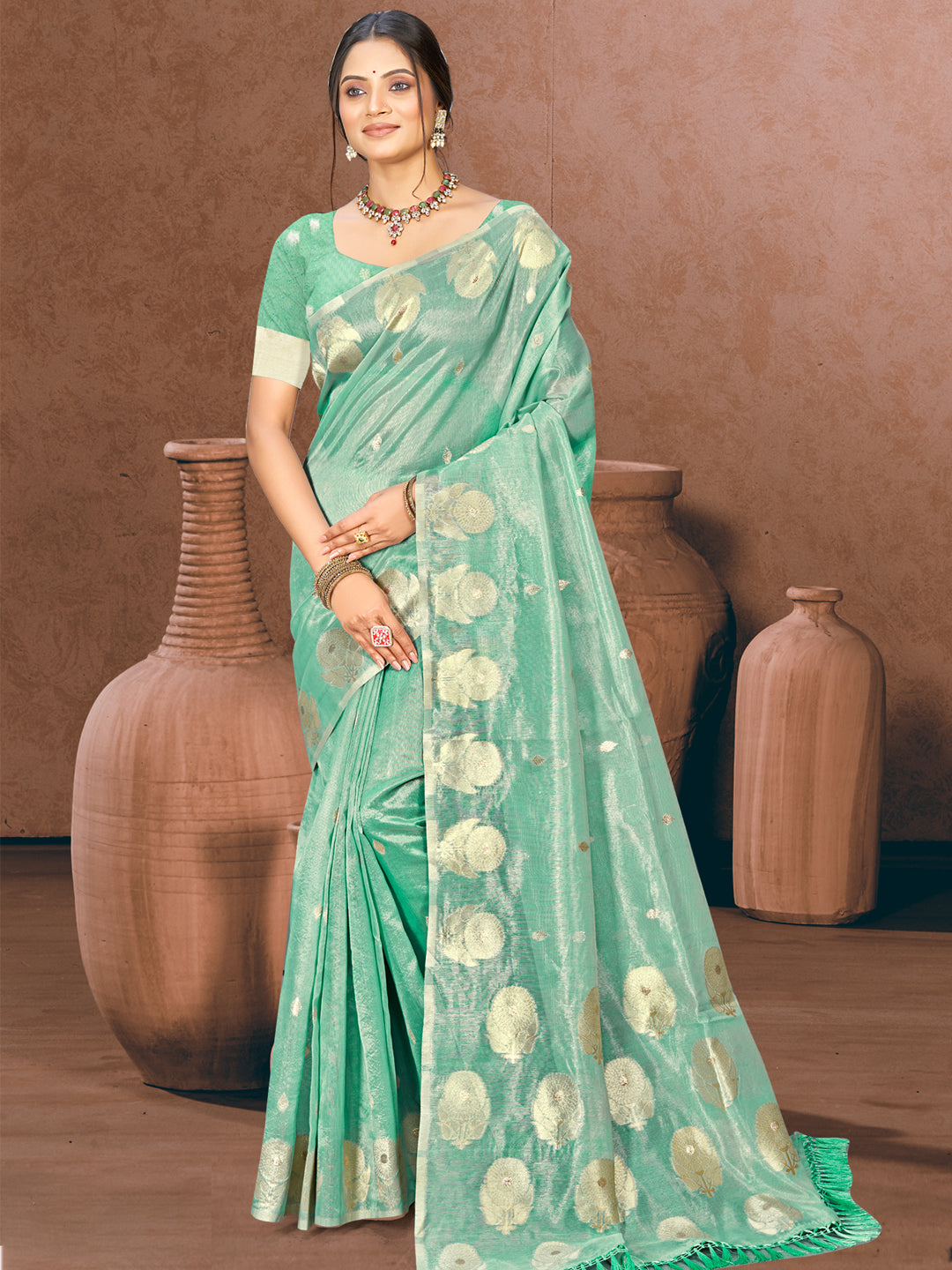 Sangam Prints Sea Green Munga Kota Woven Work Traditional Saree