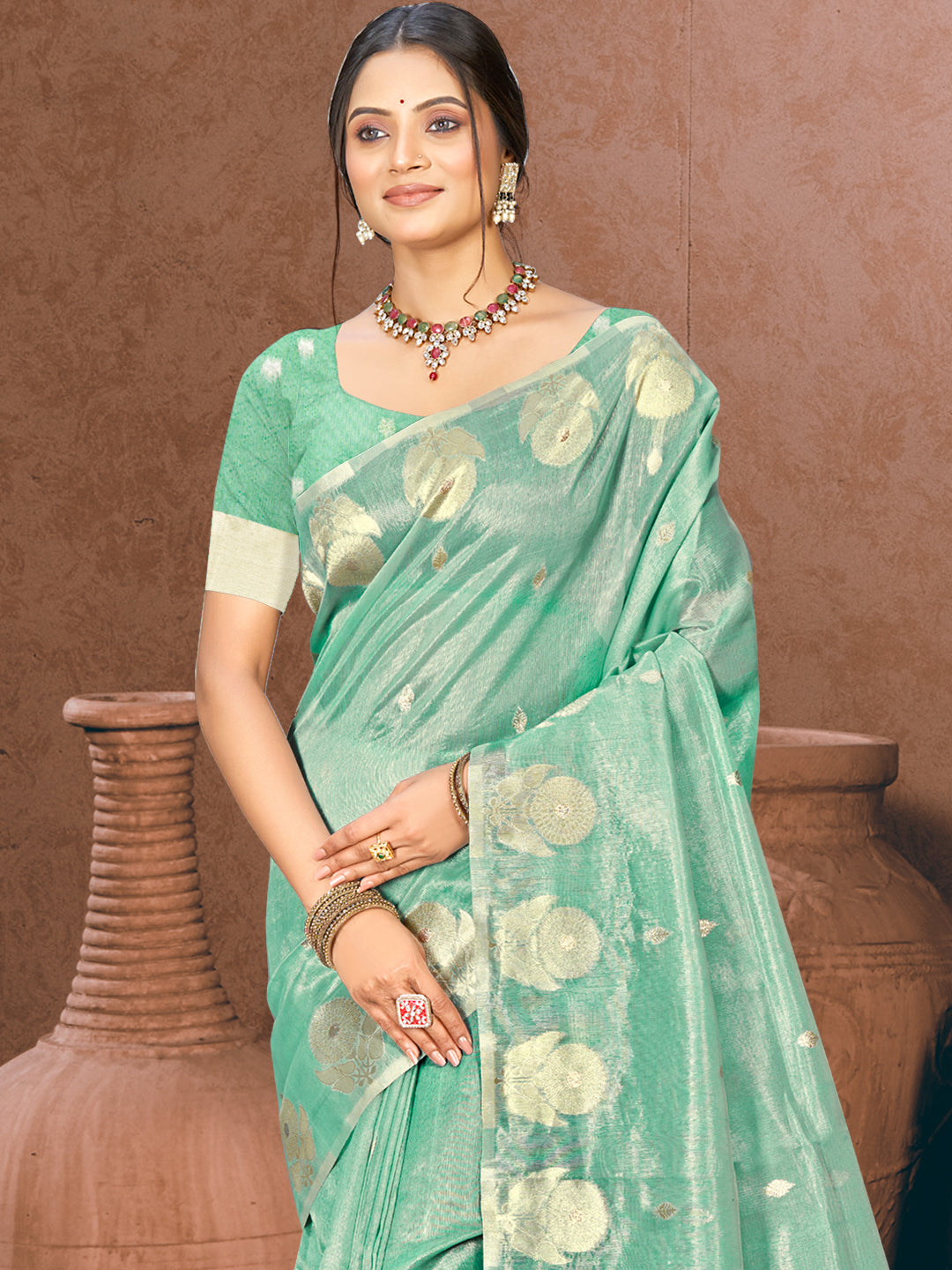 Sangam Prints Sea Green Munga Kota Woven Work Traditional Saree