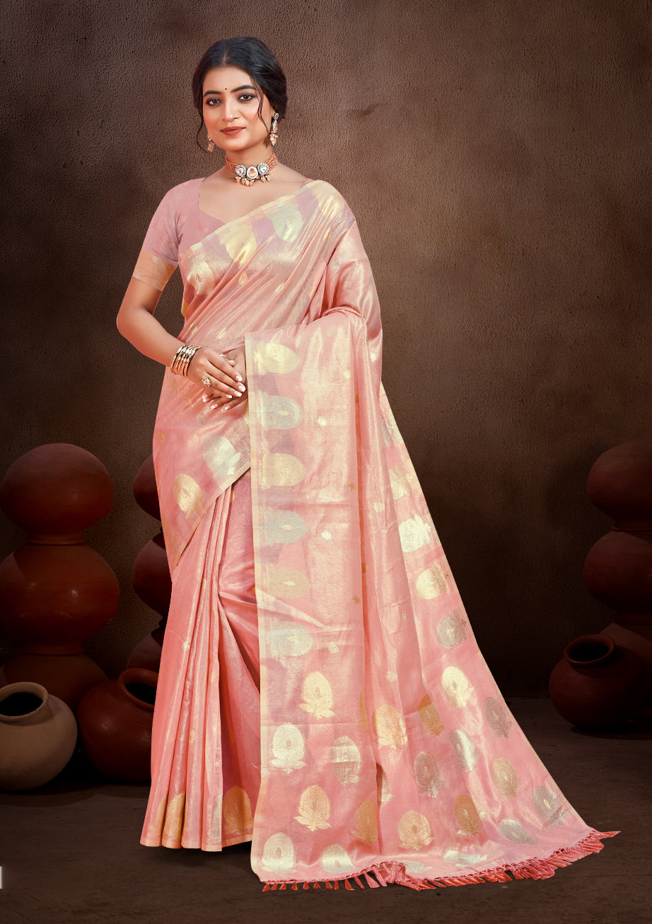 Sangam Prints Peach Munga Kota Woven Work Traditional Saree