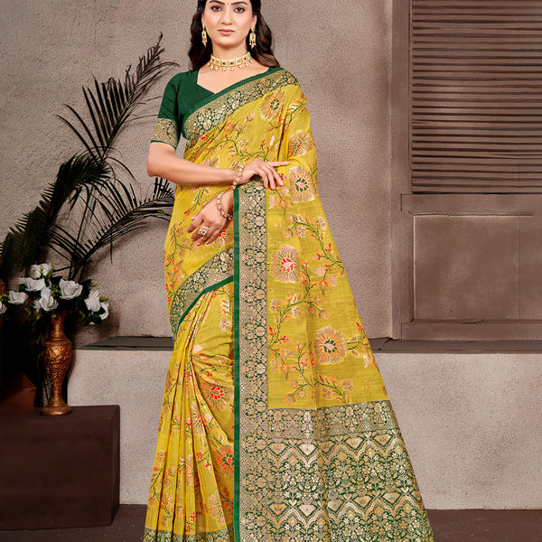 Sangam Prints Mustard Cotton Silk With Meena Woven Work Traditional Saree
