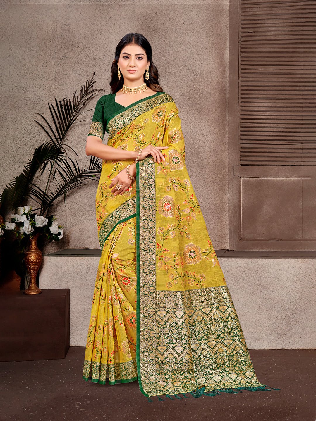 Sangam Prints Mustard Cotton Silk With Meena Woven Work Traditional Saree
