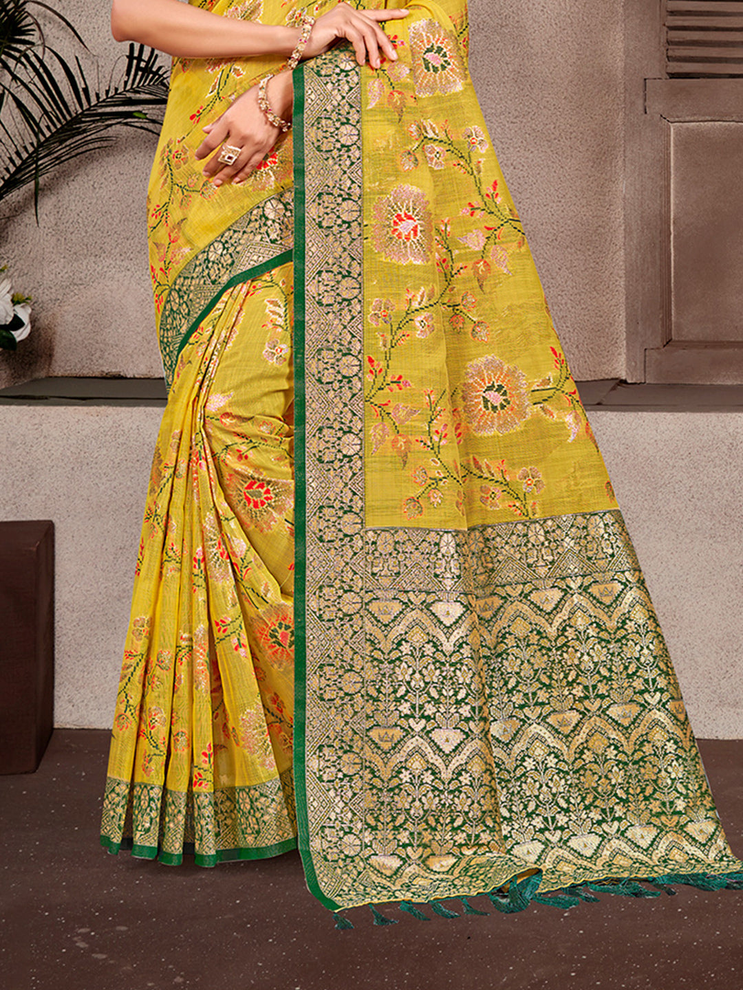 Sangam Prints Mustard Cotton Silk With Meena Woven Work Traditional Saree