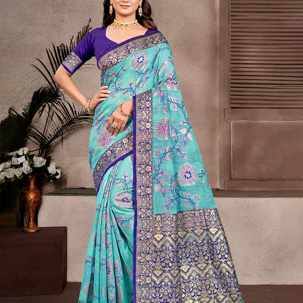 Sangam Prints Sky Blue Cotton Silk With Meena Woven Work Traditional Saree