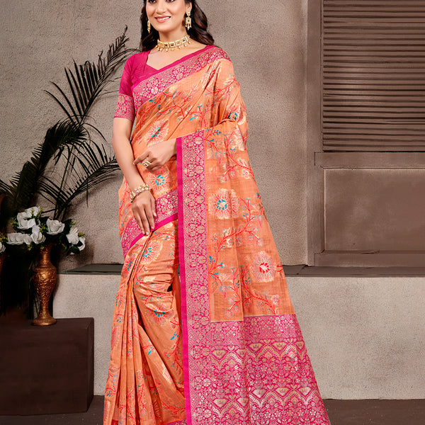 Sangam Prints Orange  Cotton Silk With Meena Woven Work Traditional Saree