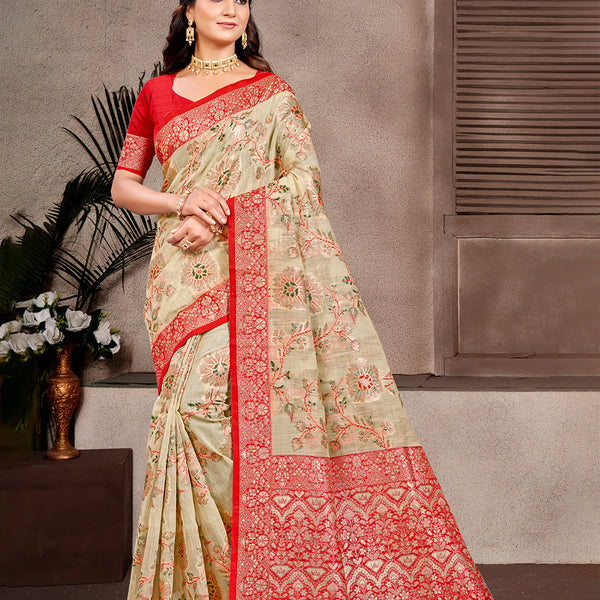 Sangam Prints Beige Cotton Silk With Meena Woven Work Traditional Saree