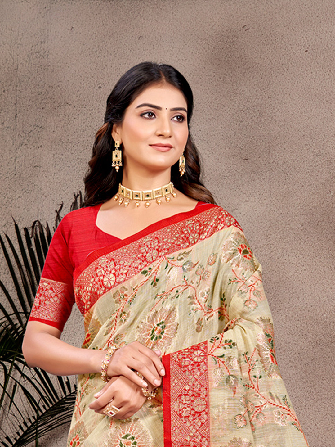 Sangam Prints Beige Cotton Silk With Meena Woven Work Traditional Saree