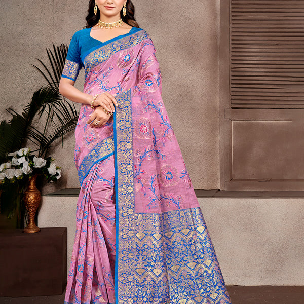 Sangam Prints Light Pink Cotton Silk With Meena Woven Work Traditional Saree