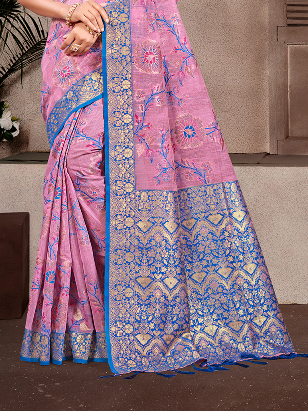 Sangam Prints Light Pink Cotton Silk With Meena Woven Work Traditional Saree