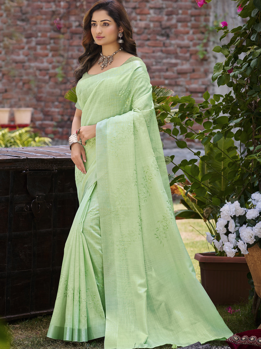 Sangam Prints Green Linen Woven Work Traditional Saree