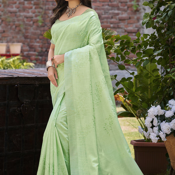 Sangam Prints Green Linen Woven Work Traditional Saree
