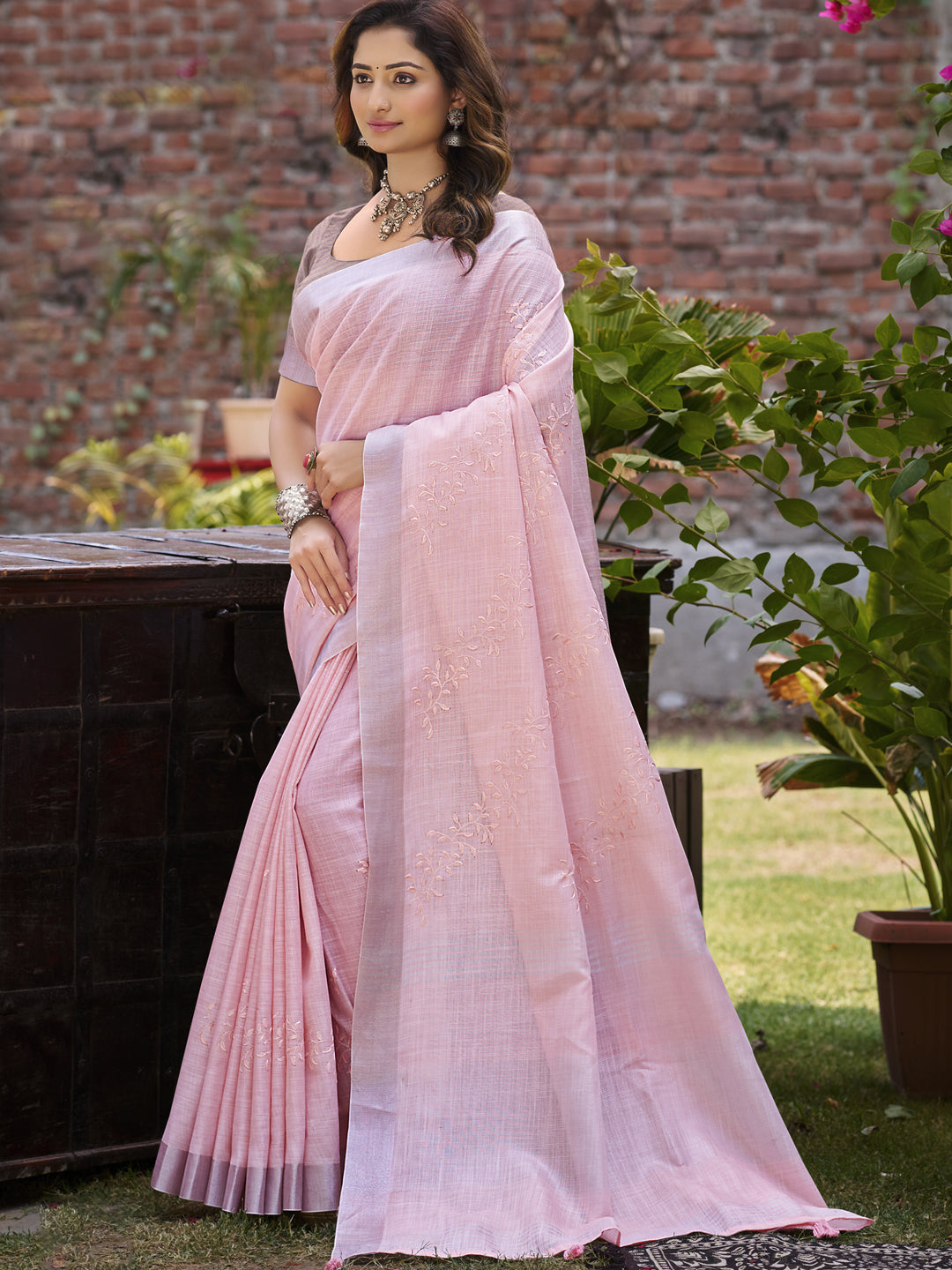 Sangam Prints Pink Linen Woven Work Traditional Saree