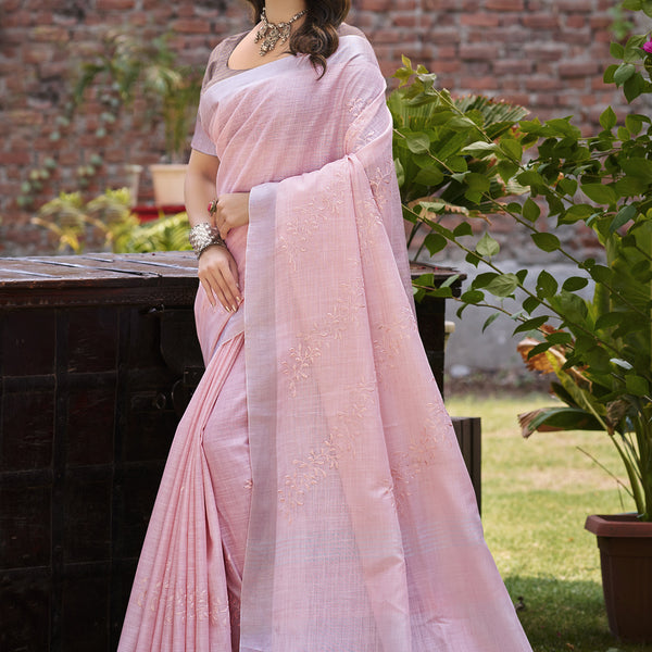 Sangam Prints Pink Linen Woven Work Traditional Saree